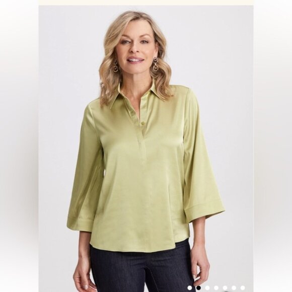 Laura Flared Sleeve Satin Blouse Moss Green - Picture 1 of 10